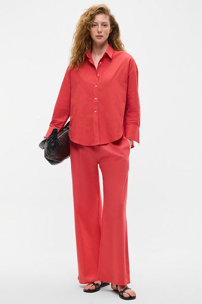 GRIMELANGE Vesta Women's 100% Cotton Linen Look Flared Oversize Red Shirt