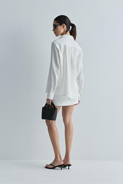 Suud Collection Beyaz %100 Keten Nora Basic Etek