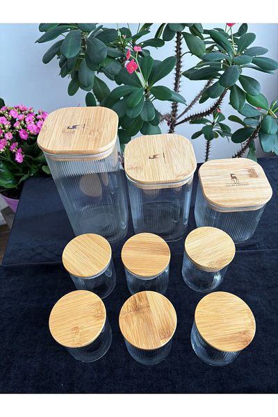 DİBA AVM 9Pcs Glass Jar Bamboo Vacuum Lids Jar Spice Canister Sugar Bowl Pulses Storage Jar
