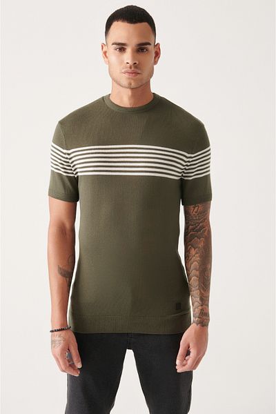 Avva Ανδρικό πλεκτό μπλουζάκι Khaki - Crew Neck, Stripe Detailed, A31y5116