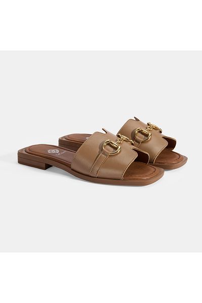 Desa Women's Tan Leather Slippers with Metal Buckle Accessories