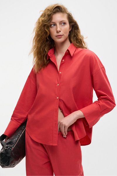 GRIMELANGE Vesta Women's 100% Cotton Linen Look Flared Oversize Red Shirt