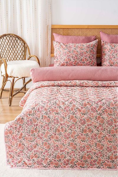 Rivaİstanbul Pink Spring Double Duvet Cover Pique Set - 7 Piece Dowry Set