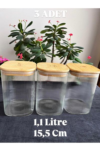 DİBA AVM 3Pcs Medium Size Glass Jar with Bamboo Lid Vacuum Jar Sugar Bowl Pulses Storage Jar 1,1 L