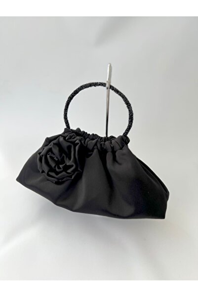 posst bag Geantă de mână pentru rochie de seară din satin negru cu trandafiri