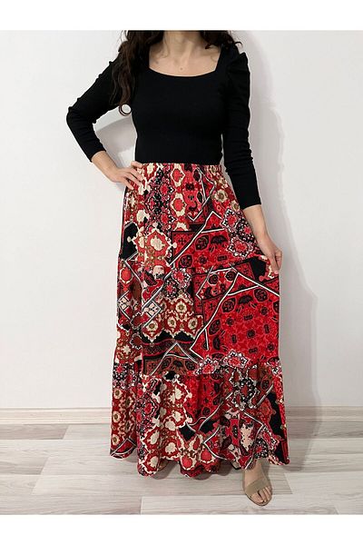 520CK Women's Ethnic Patterned Ruffled Long Skirt - Hijab Skirt