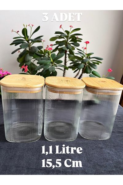 DİBA AVM 3Pcs Medium Size Glass Jar with Bamboo Lid Vacuum Jar Sugar Bowl Pulses Storage Jar 1,1 L