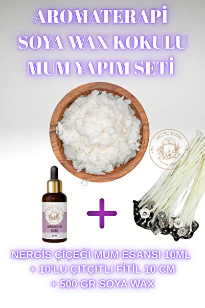 Misse Mum Yapım Seti Soya Wax 500 Gr.-Mum Esansı 10ml-10 Lu Fitil 10cm Mum Ya...