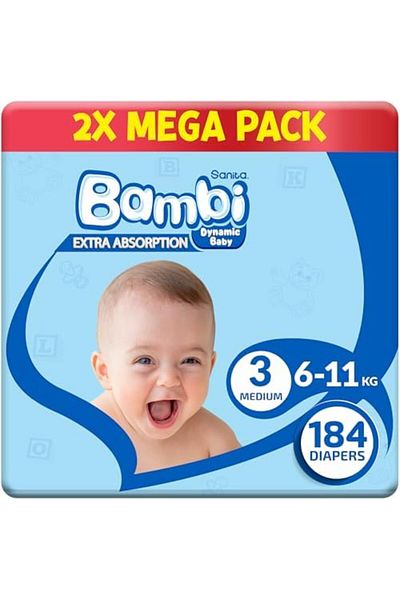 Sanita Bambi , Size 3, Medium, 2X92, 184 Diapers, White