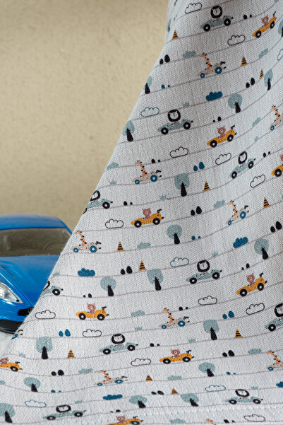 Montisu Erkek Bebek Araba Desenli Müslin Örtü – Gri Zeminli %100 Pamuklu hafif Bebek Battaniyesi,