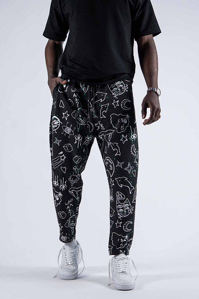 SUPERBLUE Men's Patterned Loose Black Trousers with Elastic Waist