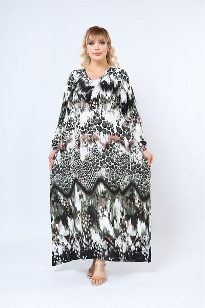 mervemoda Women's Plus Size Printed Summer Woven Long Sleeve Long Length Dress