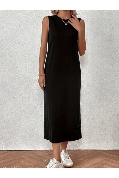 modaserdem Women's zero sleeve crew neck midi viscose two thread dress