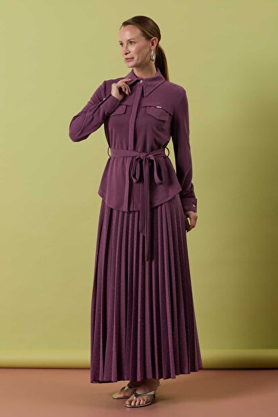 MELIDIA A41605 Aguaje Taşlı Piliseli Etek Takım