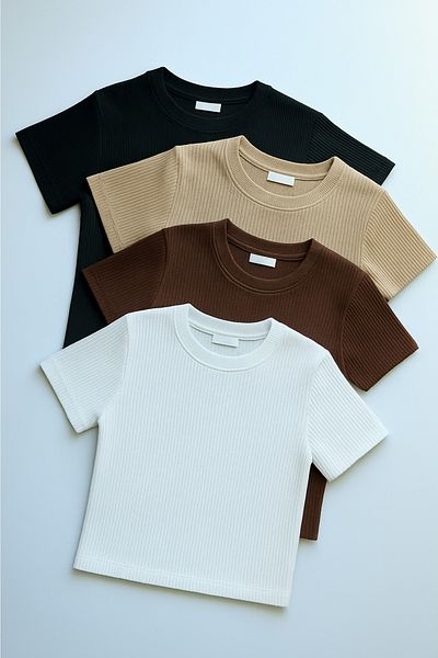 ÖZ PAMUK Tricou crop pentru femei, 4 piese, negru cu nervuri, cu decolteu triplu