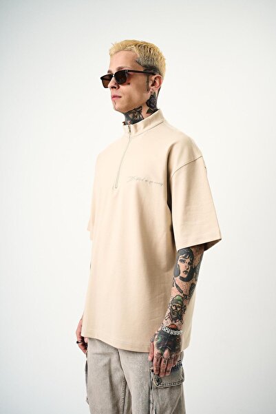 Respire Ανδρικό μπλουζάκι Be Kind με κέντημα με μισό φερμουάρ Oversize Μπεζ