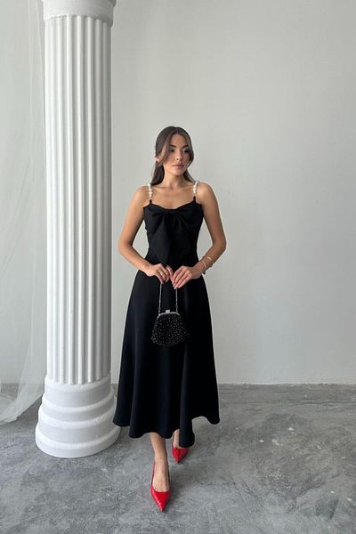 modaserdem Women's Black Pearl Strap Detailed Night-Graduation-Wedding-Evening Dress