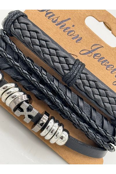 CT STONES Black Leather Multi Men's Bracelet Set