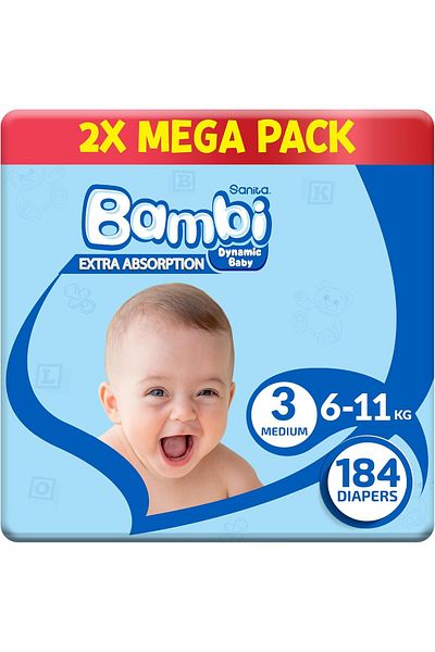Sanita Bambi , Size 3, Medium, 2X92, 184 Diapers, White