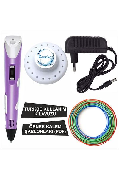 ZENVİVA Purple Color 3D Pen + 3 Colors Total 10 Meters Pla Filament + Template