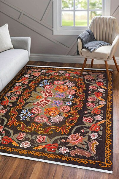 Markaev Oxford 114 Dekoratif Kaymaz Tabanlı Saçaklı Yıkanabilir Halı Yolluk M...