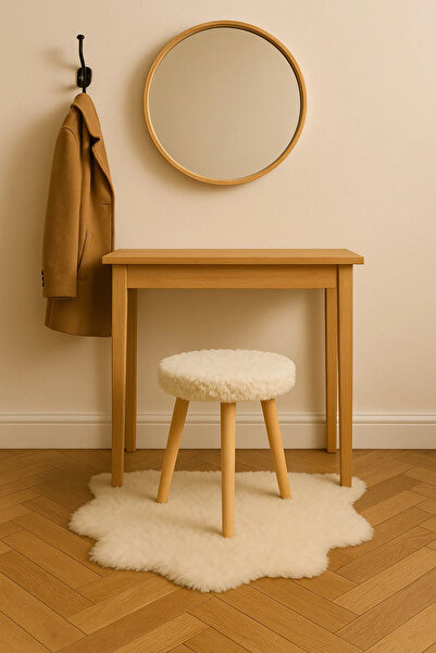 YAPKAR Gürgen Ahşap Retro Ayak Dekoratif Beyaz Pelüş Puf Tabure Bench Koltuk Sandalye