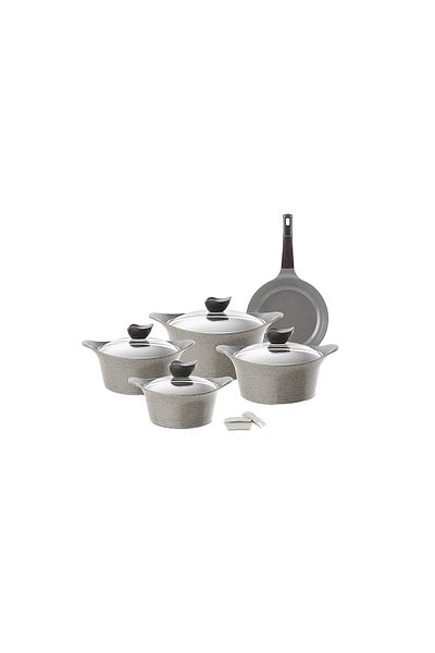NEOFLAM Eni Granite Cookware Set With Glass Cover, 9 Pieces, Grey: