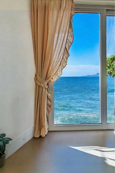 MZN Home Vintage Linen Curtain with 2 Edge Ruffles Milk Coffee Strips (En X Size) - Single Sash - Laces Gift