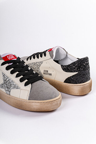 alkushoes Hakiki Deri Yıldız ve Pul Detaylı Eskitmeli Krem Kadın Sneaker Kirli Detaylı Günlük Spor Ayakkabı