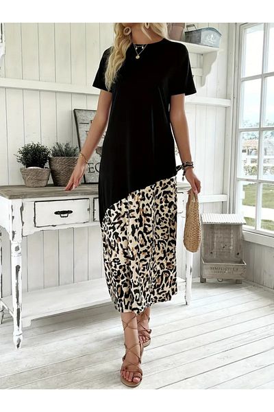 modaserdem Women's Short Sleeve Crew Neck Leopard Detailed Midi Top Viscose Bottom Single Jersey Dress