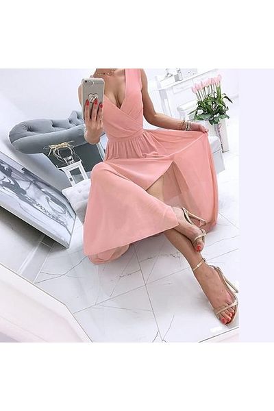 modaserdem Women's Chiffon Fabric V-Neck Zero Sleeve Long Night-Graduation-Wedding-Evening Dress