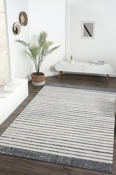 Markaev Ekru Üzerine Çizgi Desen Dijital Baskılı Kaymaz Zenit Halı ZNTKLM