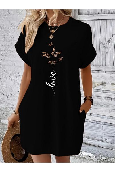 modaserdem Women Short Sleeve Crew Neck Pocket Butterfly Printed Viscose Summer Dress