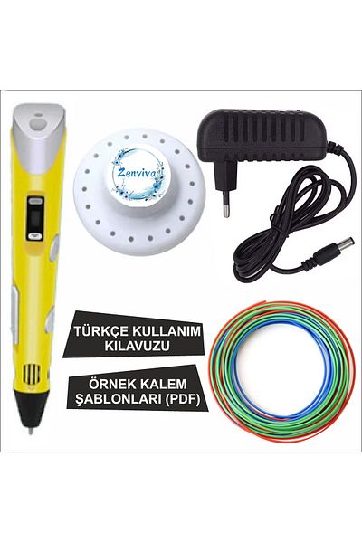 ZENVİVA Yellow Color 3D Pen + 3 Colors Total 10 Meters Pla Filament + Template