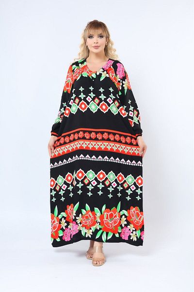 mervemoda Women's Plus Size Printed Summer Woven Long Sleeve Long Length Dress