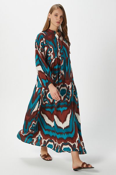 Ritnice Modest Women's Mira 100% Viscose Maxi Length Khakiturquoise Brown Layered Balloon Sleeve Long Summer Dress