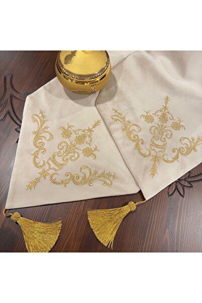 Hane7 Sarma Nakışlı Krem Kadife Runner