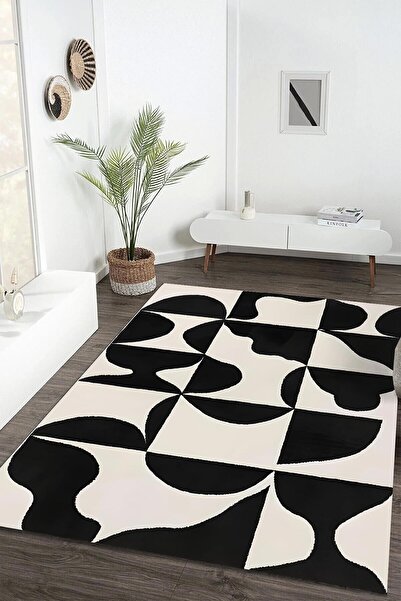 Markaev Siyah Vurgulu 12 Kare Desen Dijital Baskılı Kaymaz Zenit Halı ZNTKLM