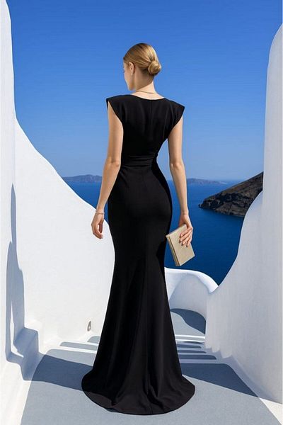 modaserdem Women's Diver Fabric Ruffle Detailed Long Night-Graduation-Wedding-Evening Dress
