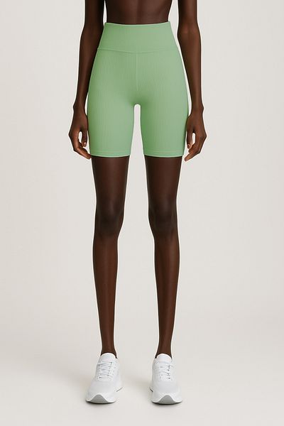 HNX Women's High Waist Tight Ripped Ribbed Short Sports Leggings |   Pistachio Green