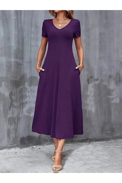 modaserdem Women's Short Sleeve V-Neck Viscose Dress with Pockets