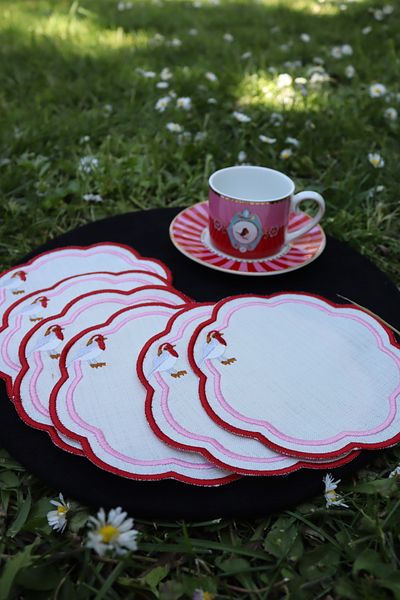 vipceyiz 6 Pieces Love Birds Linen Fabric Red Embroidered Coffee Side Cocktail Presentation Napkin