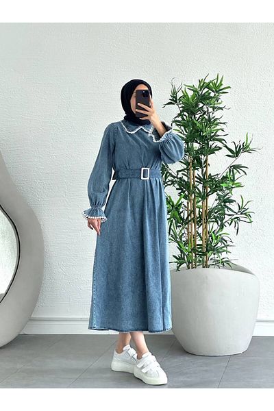 OlaLady Rochie de damă, cu dantelă, guler pentru bebeluși, cu centură hijab, blugi din denim