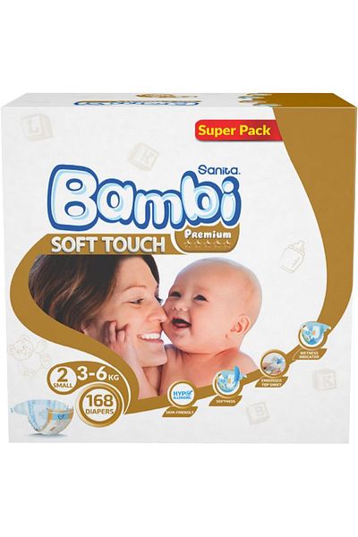 Sanita Bambi Premium Small Soft Baby Diapers, Size 2, 3-6 kg, Skin-Friendly, Wetness Indicator, 168