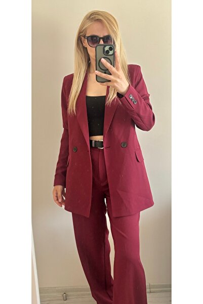 Garamak Kadın Bordo Blazer Ceket Palazzo Pantolon Takım Elbise