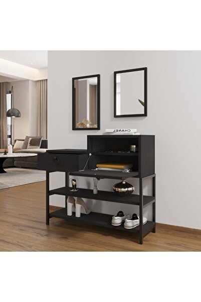 AYMOBSAN Nero Dresuar , Metal Ayaklı Dreseuar , Aynalı Dresuar , Çekmeceli Ve Düşer Kapaklı Dresuar Siyah