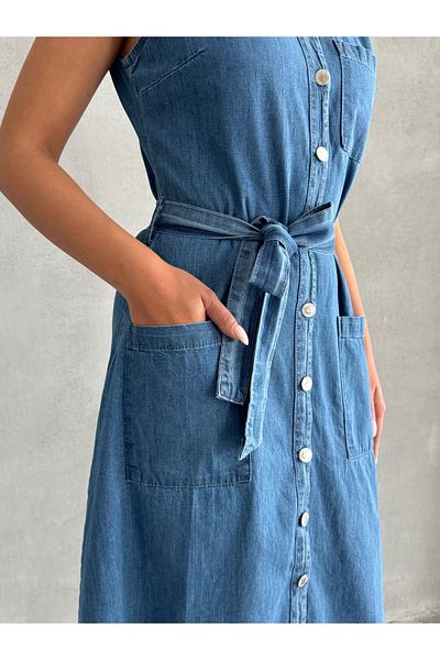 Miss Prova Rochie lungă din denim bleumarin, cu buzunare, cu curea cu nasturi MISSEL8999