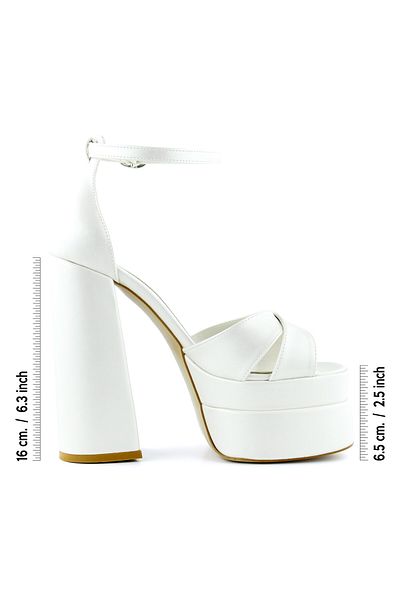 Erkan Saçmacı Pearl White Open Front Cross Strap Double Platform Thick Heeled Evening Dress Bridal Shoes