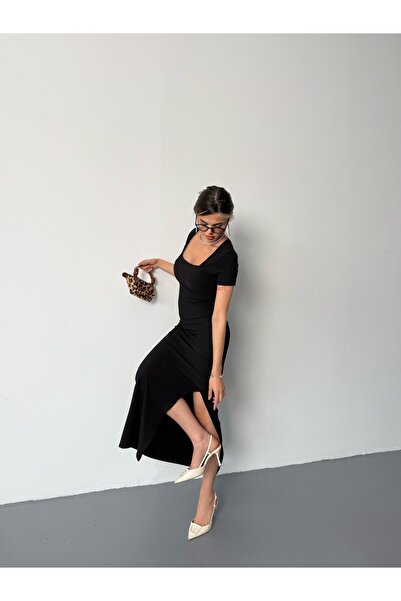 Hisleria Summer Ottoman Fabric Square Neck Short Sleeve Slit Detail Black Long Dress