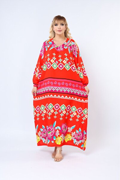 mervemoda Women's Plus Size Printed Summer Woven Long Sleeve Long Length Dress